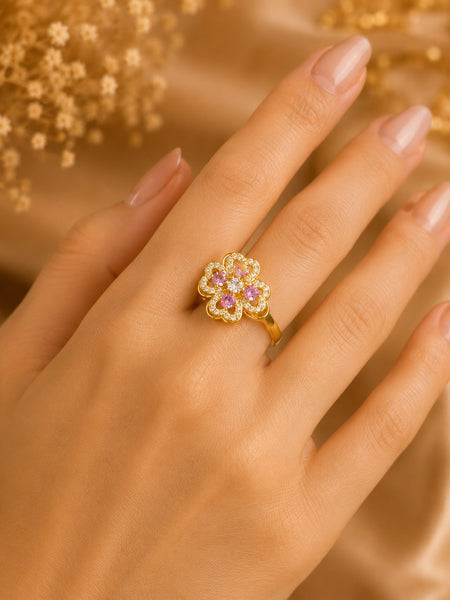 Gold Plated Pink Floral Crystal Ring for Women