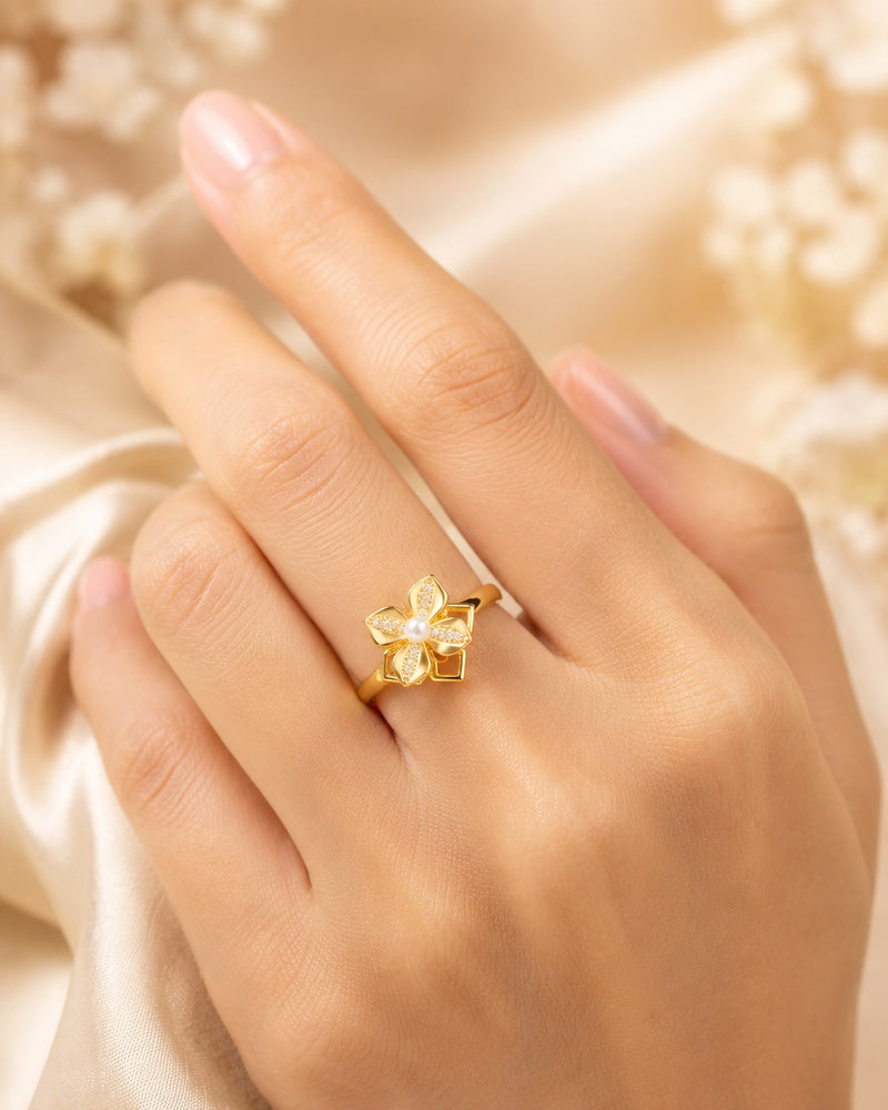 Gold Plated Pearl Flower Adjustable Ring for Women
