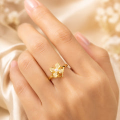 Gold Plated Pearl Flower Adjustable Ring for Women