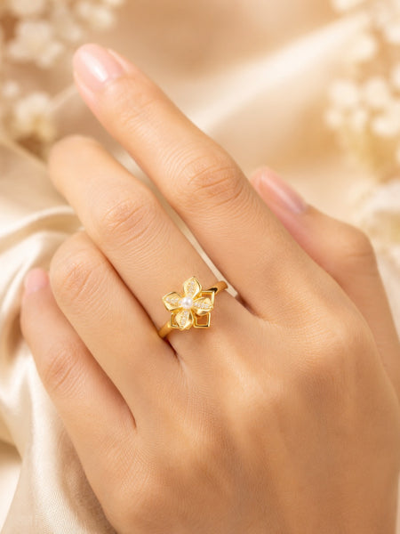 Gold Plated Pearl Flower Adjustable Ring for Women