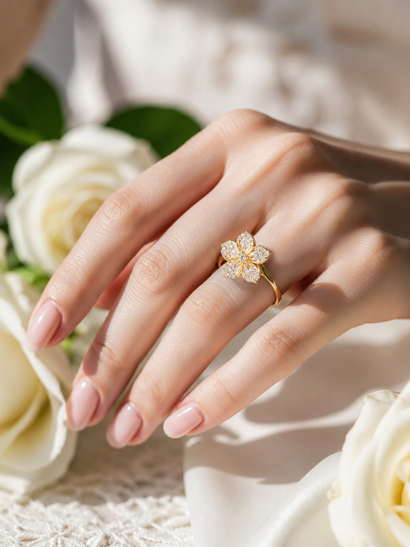 Gold Plated Crystal Floral Ring for Women