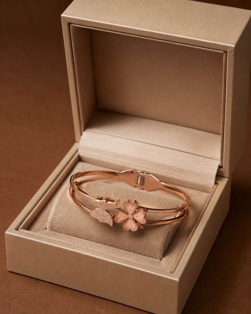 Rose Gold Butterfly & Floral Cuff Bracelet