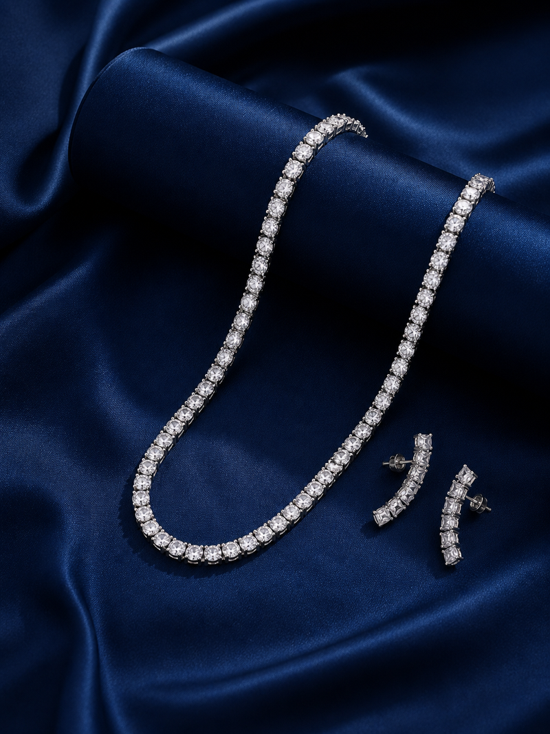 Tennis Necklace & Crystal Leaf Earrings Set for Women