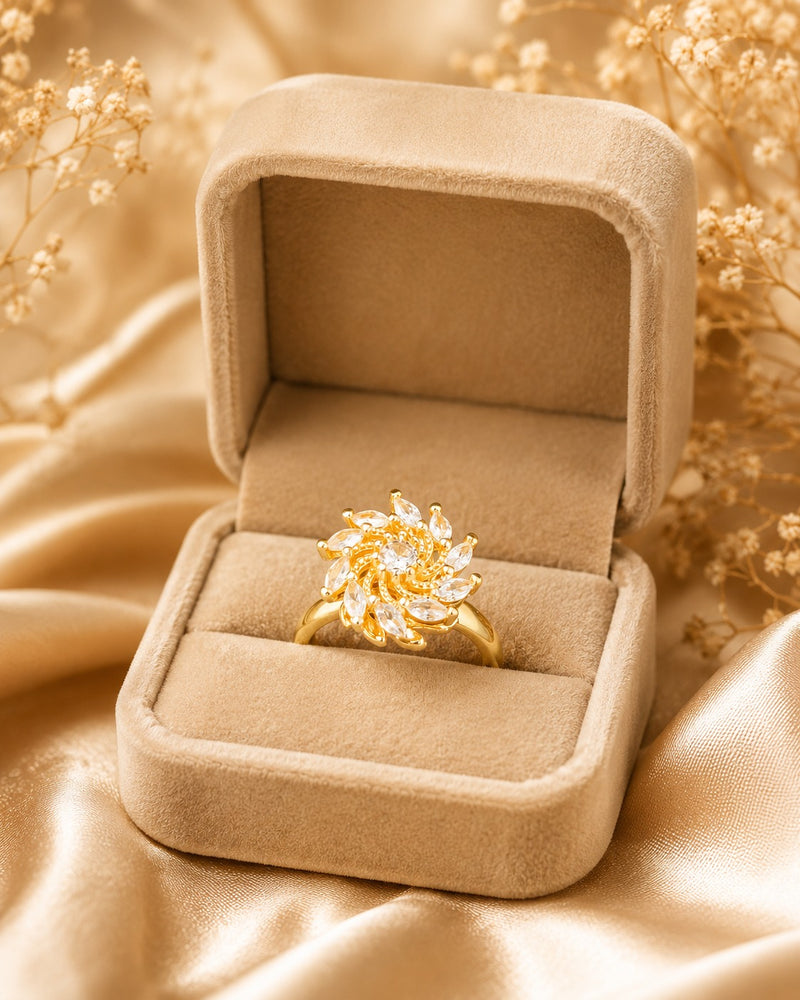Gold Plated Sunburst Crystal Adjustable Ring for Women
