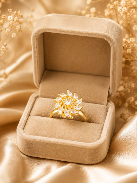 Gold Plated Sunburst Crystal Adjustable Ring for Women