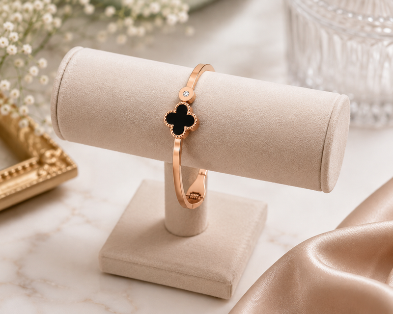Rose Gold Black Clover Charm Bracelet
