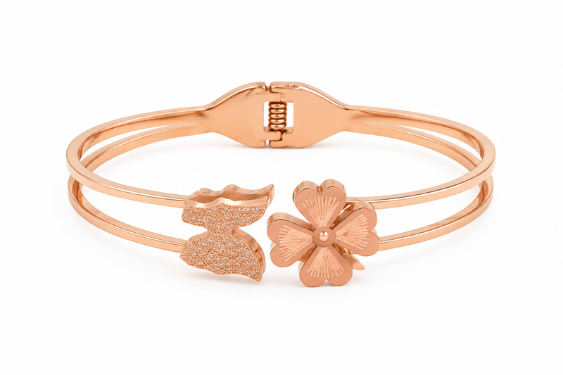 Rose Gold Butterfly & Floral Cuff Bracelet