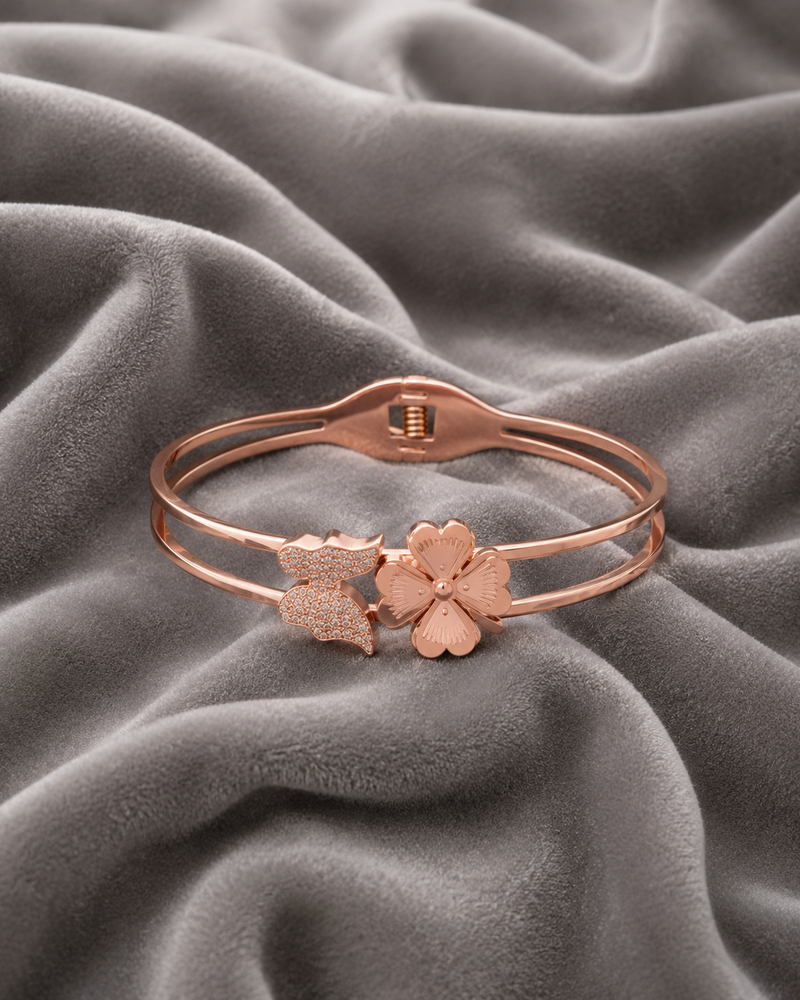 Rose Gold Butterfly & Floral Cuff Bracelet