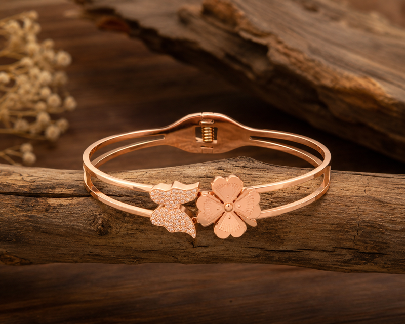 Rose Gold Butterfly & Floral Cuff Bracelet