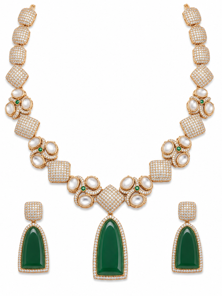 Royal Emerald Green Necklace Set with Style Detailing | Glim India