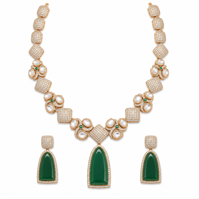 Royal Emerald Green Necklace Set with Style Detailing | Glim India