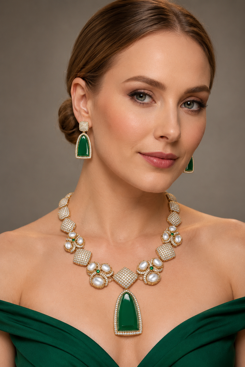 Royal Emerald Green Necklace Set with Style Detailing | Glim India