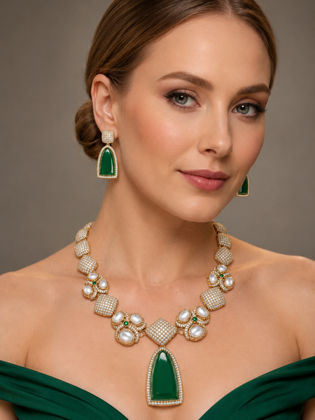 Royal Emerald Green Necklace Set with Style Detailing | Glim India