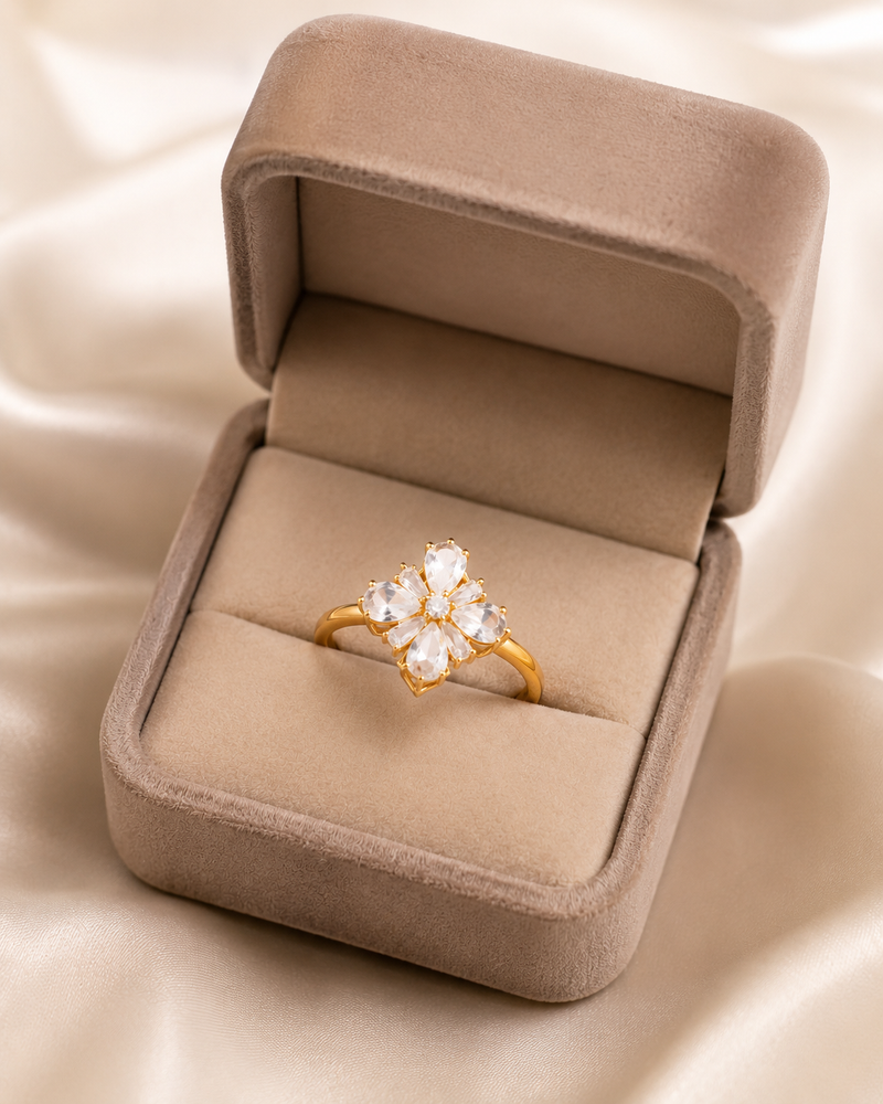 Gold Plated Crystal Flower Adjustable Ring for Women