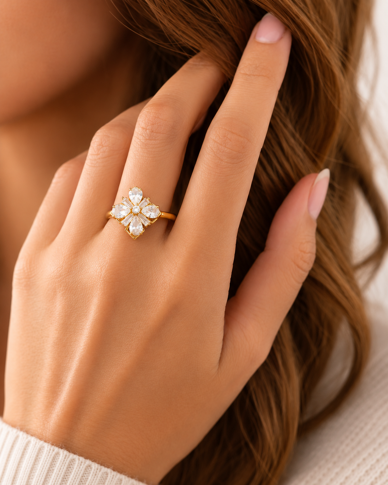 Gold Plated Crystal Flower Adjustable Ring for Women