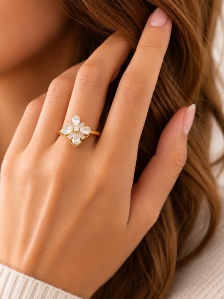 Gold Plated Crystal Flower Adjustable Ring for Women