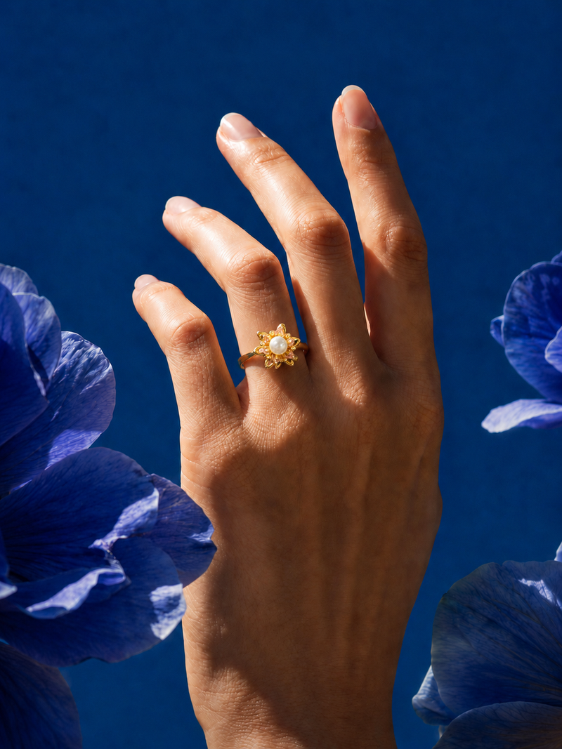 Gold Plated Pearl Flower Adjustable Ring for Women