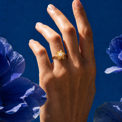 Gold Plated Pearl Flower Adjustable Ring for Women