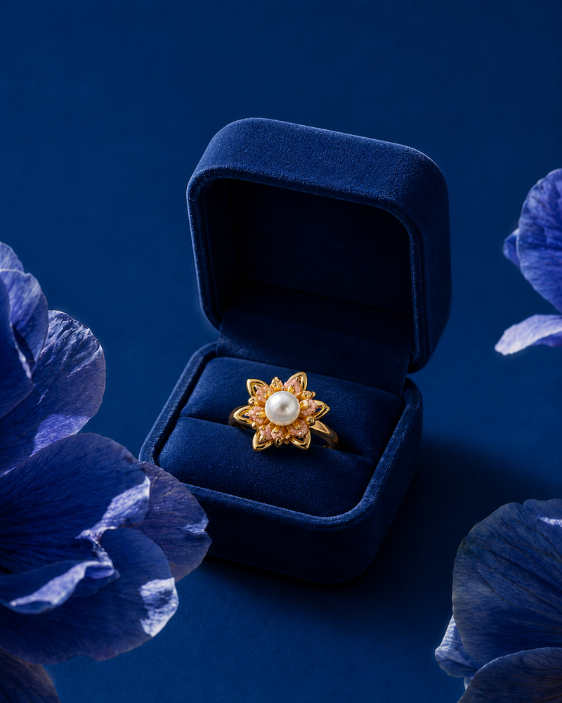 Gold Plated Pearl Flower Adjustable Ring for Women