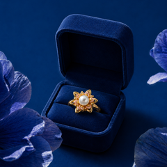 Gold Plated Pearl Flower Adjustable Ring for Women