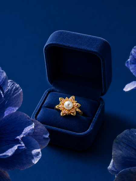 Gold Plated Pearl Flower Adjustable Ring for Women
