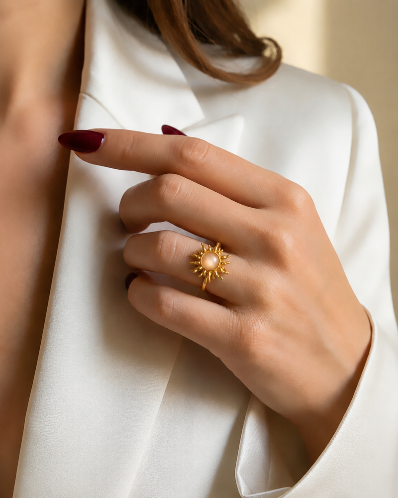 Gold Plated Pearl Sunburst Adjustable Ring for Women