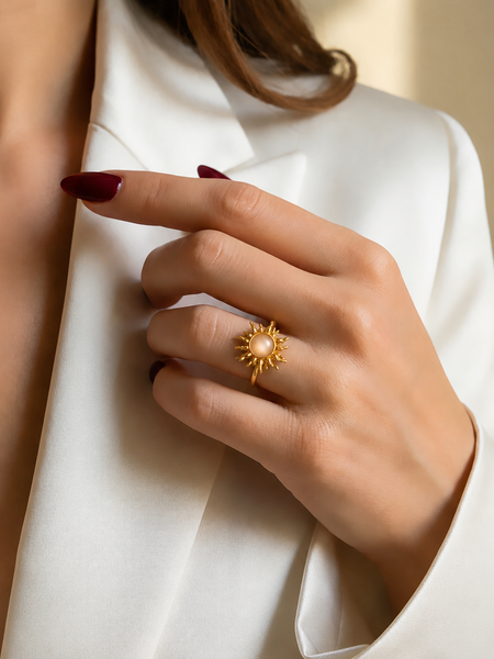 Gold Plated Pearl Sunburst Adjustable Ring for Women