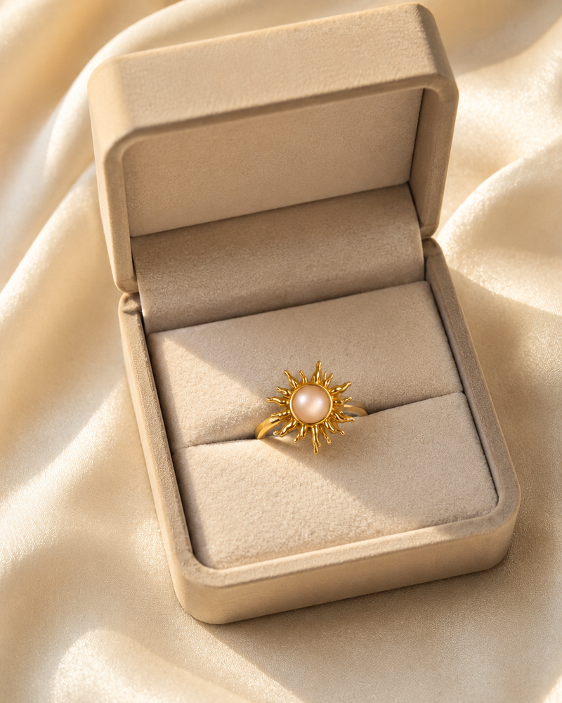 Gold Plated Pearl Sunburst Adjustable Ring for Women