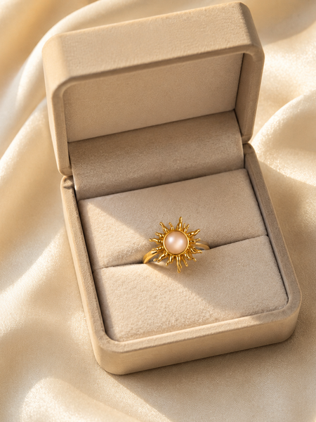 Gold Plated Pearl Sunburst Adjustable Ring for Women