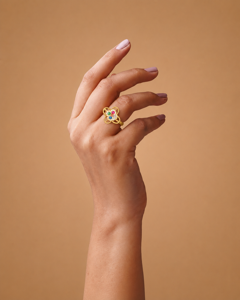 Gold Plated Multicolor Floral Adjustable Ring for Women