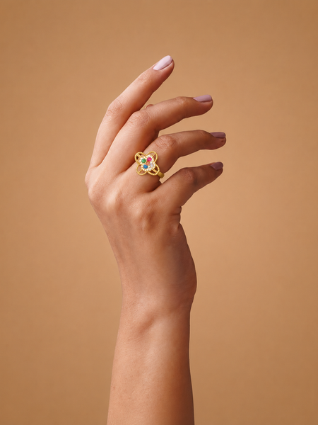 Gold Plated Multicolor Floral Adjustable Ring for Women