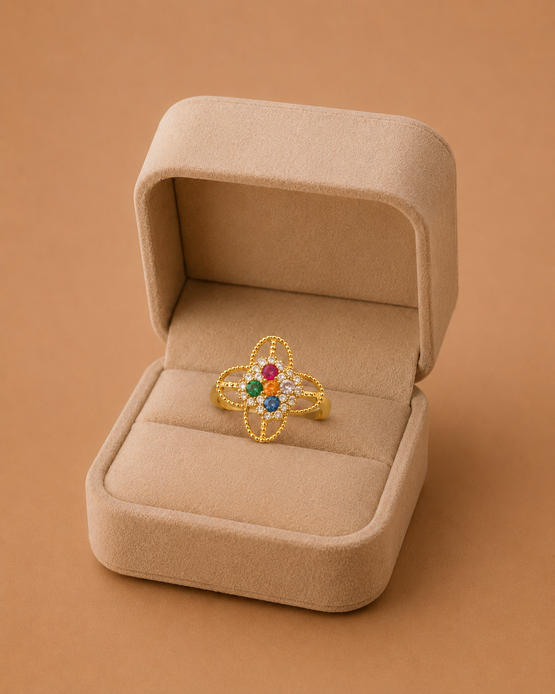 Gold Plated Multicolor Floral Adjustable Ring for Women