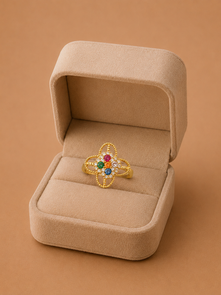 Gold Plated Multicolor Floral Adjustable Ring for Women