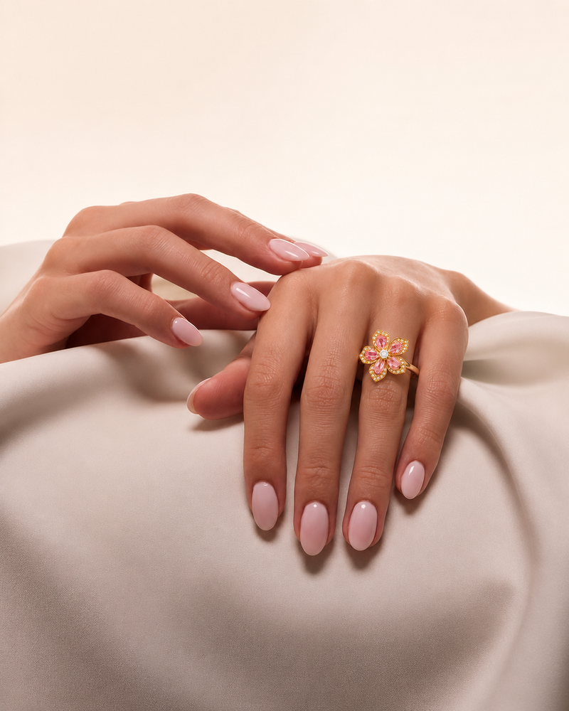 Gold Plated Pink Floral Adjustable Ring for Women
