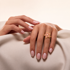 Gold Plated Pink Floral Adjustable Ring for Women