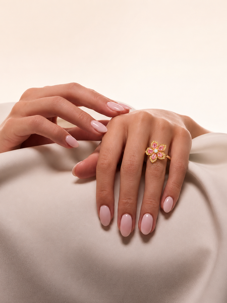 Gold Plated Pink Floral Adjustable Ring for Women