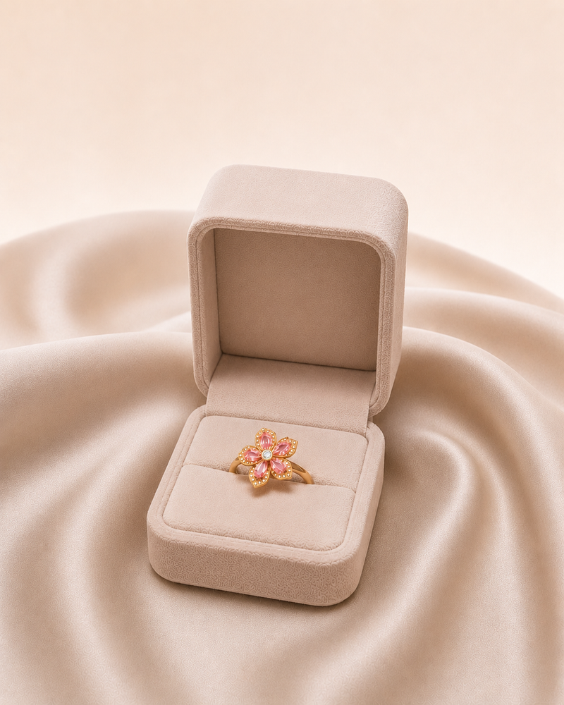 Gold Plated Pink Floral Adjustable Ring for Women