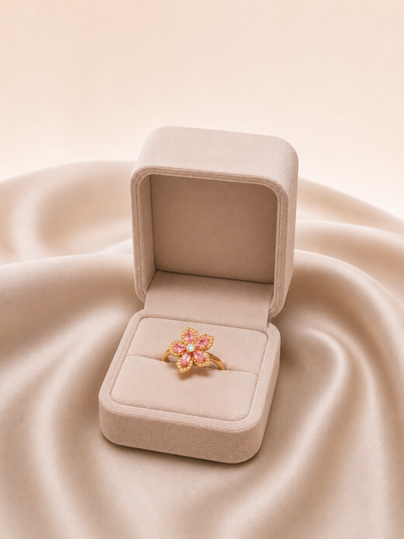 Gold Plated Pink Floral Adjustable Ring for Women