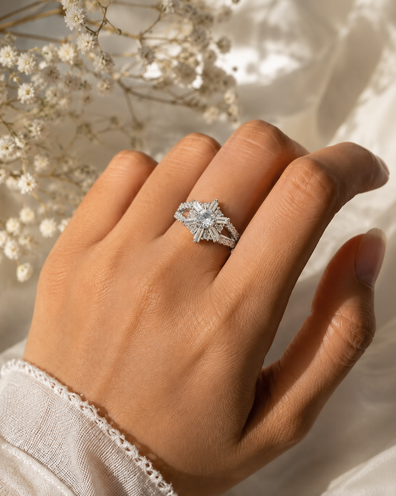 Silver Plated Snowflake Crystal Statement Ring for Women