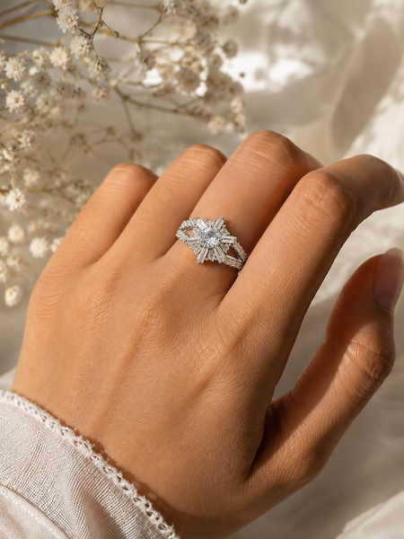 Silver Plated Snowflake Crystal Statement Ring for Women