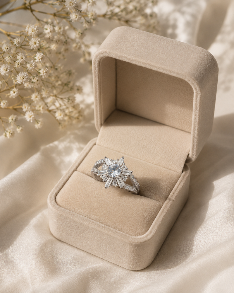 Silver Plated Snowflake Crystal Statement Ring for Women