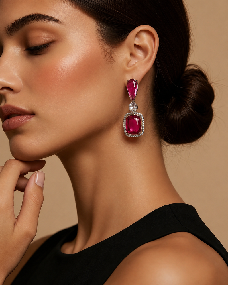 Ruby Red Cushion Drop Earrings