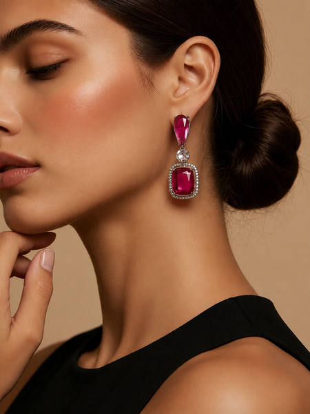 Ruby Red Cushion Drop Earrings