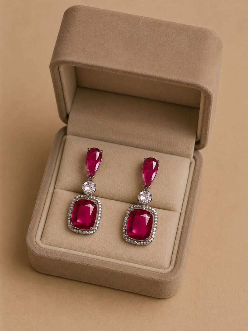 Ruby Red Cushion Drop Earrings