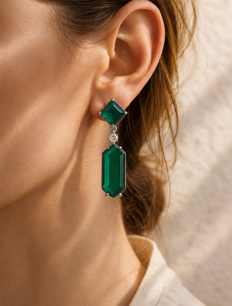 Emerald Green Geometric Drop Earrings