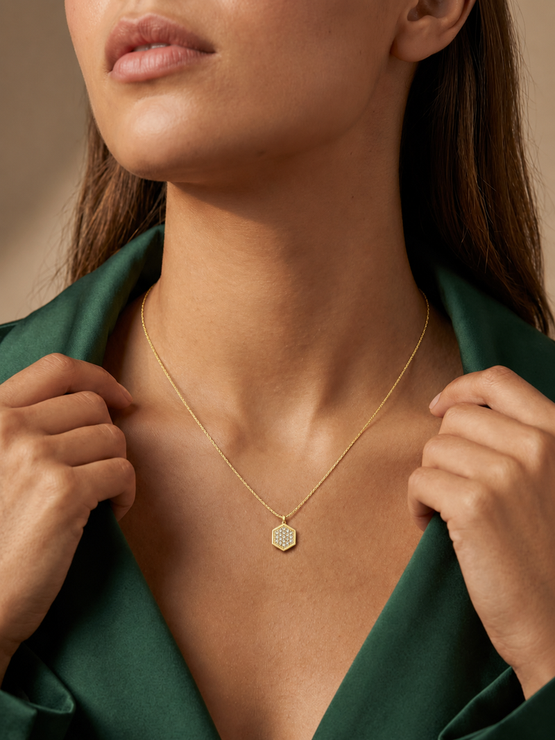 Gold Plated Hexagon CZ Pendant Necklace for Women
