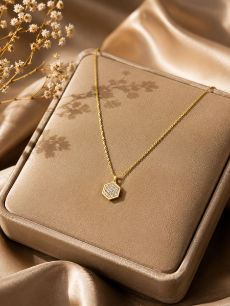 Gold Plated Hexagon CZ Pendant Necklace for Women