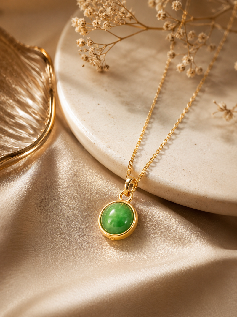 Gold Plated Green Round Stone Pendant Necklace for Women