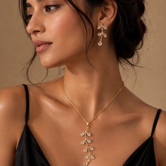 Gold Plated Leaf Crystal Pendant Necklace & Earrings Set for Women