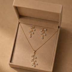 Gold Plated Leaf Crystal Pendant Necklace & Earrings Set for Women